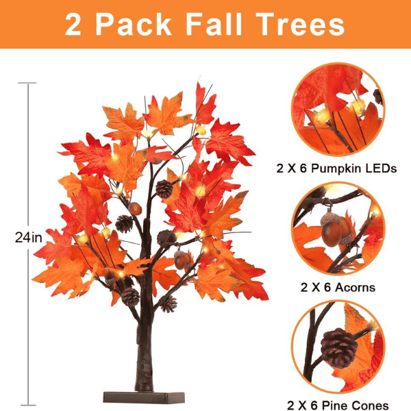 24" Lighted Fall Maple Tree with 24 Warm LEDs & 12 Wooden Acorn Ornaments