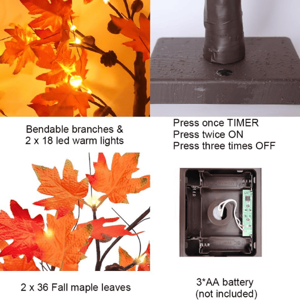 24" Lighted Fall Maple Tree with 24 Warm LEDs & 12 Wooden Acorn Ornaments