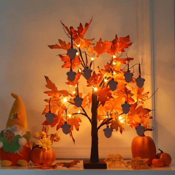 24" Lighted Fall Maple Tree with 24 Warm LEDs & 12 Wooden Acorn Ornaments
