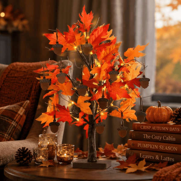 24" Lighted Fall Maple Tree with 24 Warm LEDs & 12 Wooden Acorn Ornaments