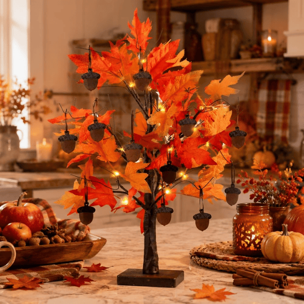 24" Lighted Fall Maple Tree with 24 Warm LEDs & 12 Wooden Acorn Ornaments