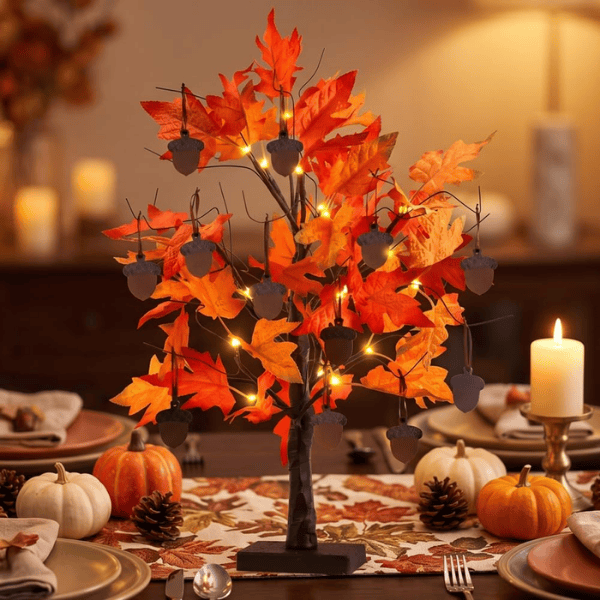 24" Lighted Fall Maple Tree with 24 Warm LEDs & 12 Wooden Acorn Ornaments