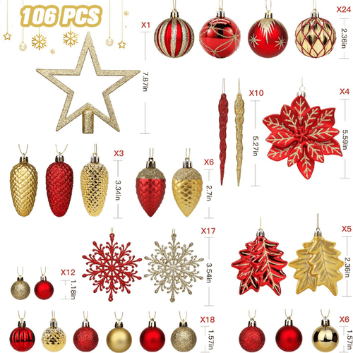 106-Piece Shatterproof Christmas Tree Ball & Novelty Ornament Set